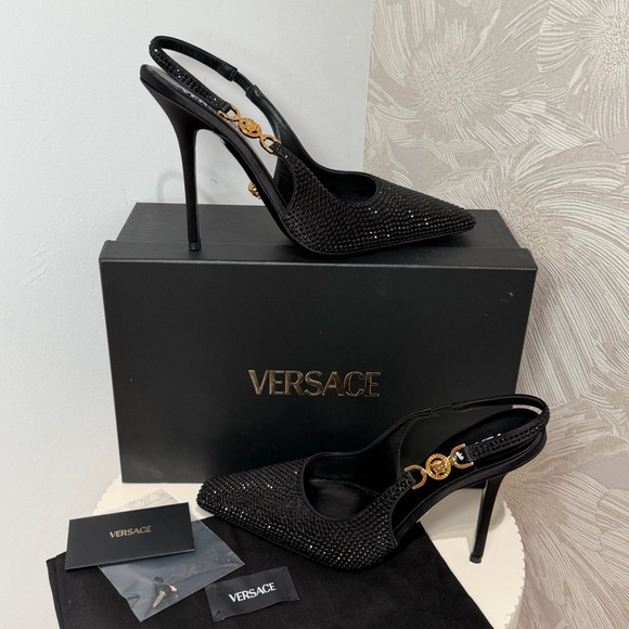 Versace Black Crystal Slingback Pumps with Medusa Detail - Picture 3 of 4